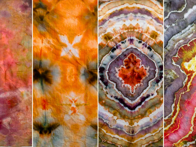Four fall tie dye colorways side by side featuring chino, terracotta, black cherry, timberwolf, pagoda red, and amber waves