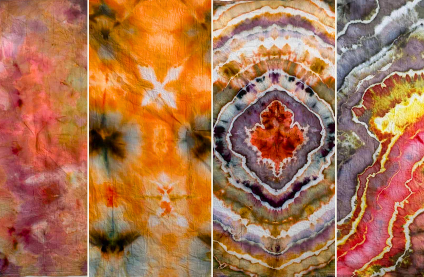 Four fall tie dye colorways side by side featuring chino, terracotta, black cherry, timberwolf, pagoda red, and amber waves